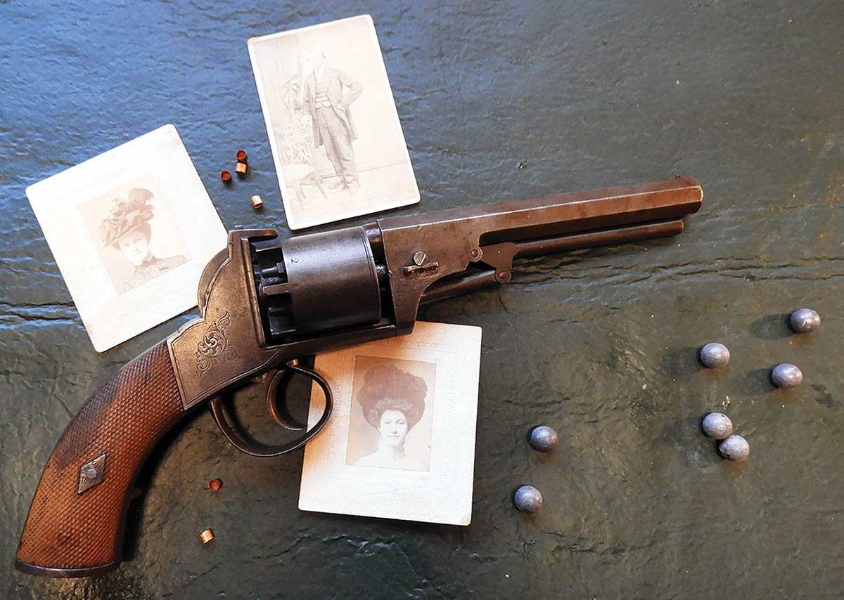 A very rare George Farmer open-top, 6-shot, double-action, percussion revolver manufactured in the late 1840s or 1850s. Revolver manufacture in Britain became widespread in the late 1840s and 1850s, and British guns came to America with prospectors, soldiers of fortune and other adventurers.